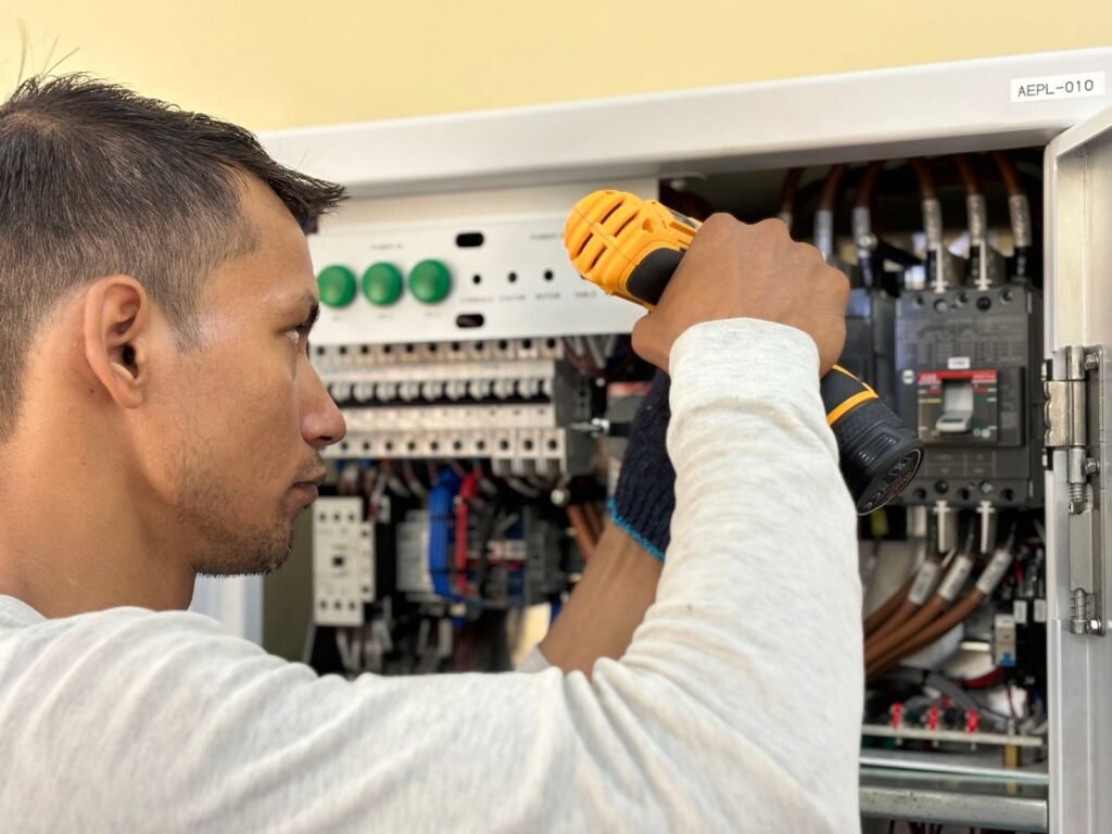 Homme travaillant sur un tableau électrique professionnel